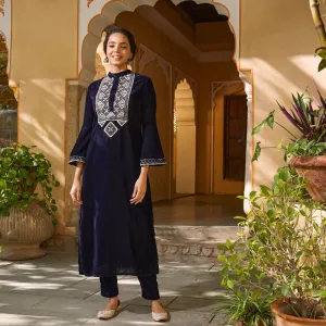 Blue Velvet Embroidered Kurta with Bell Sleeves