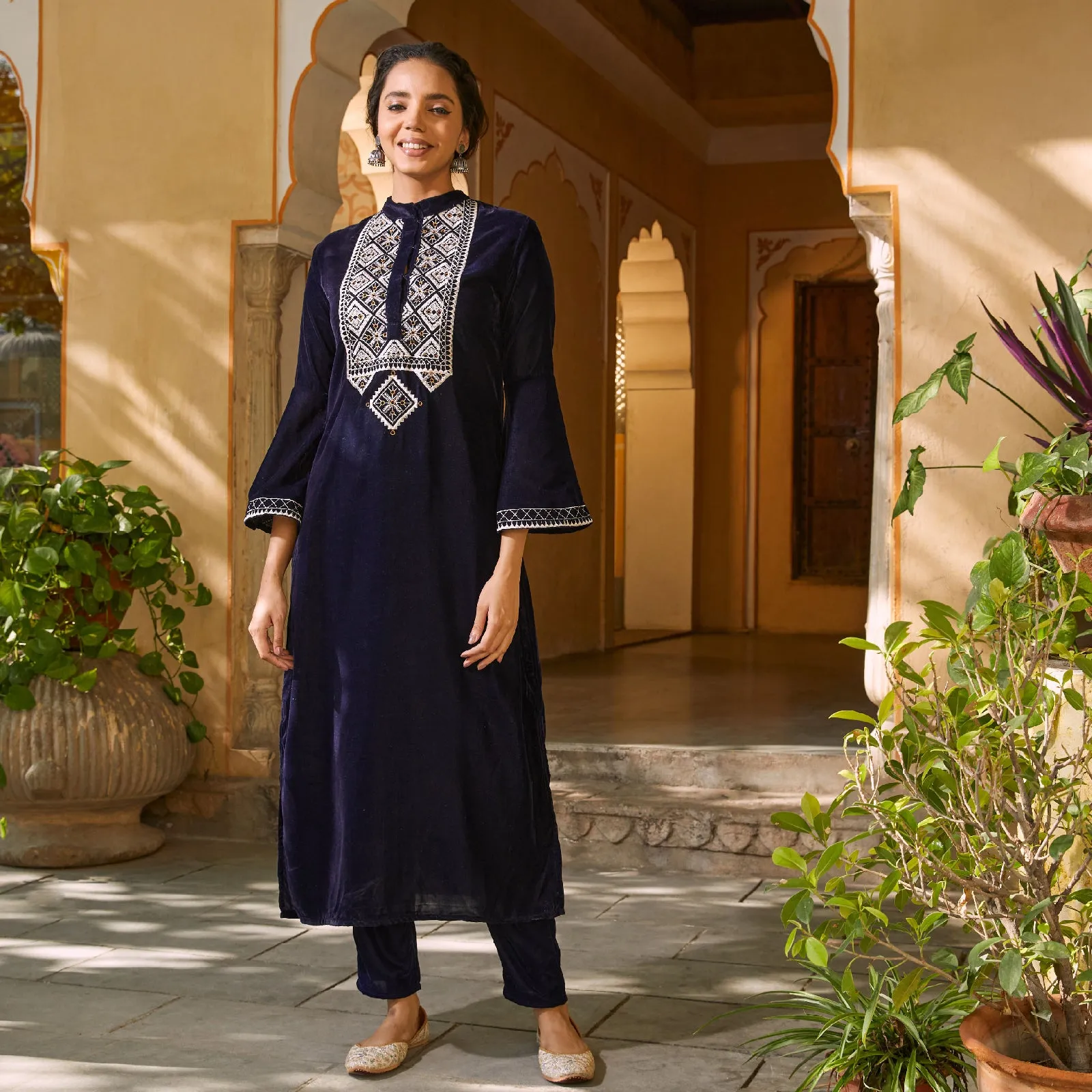 Blue Velvet Embroidered Kurta with Bell Sleeves
