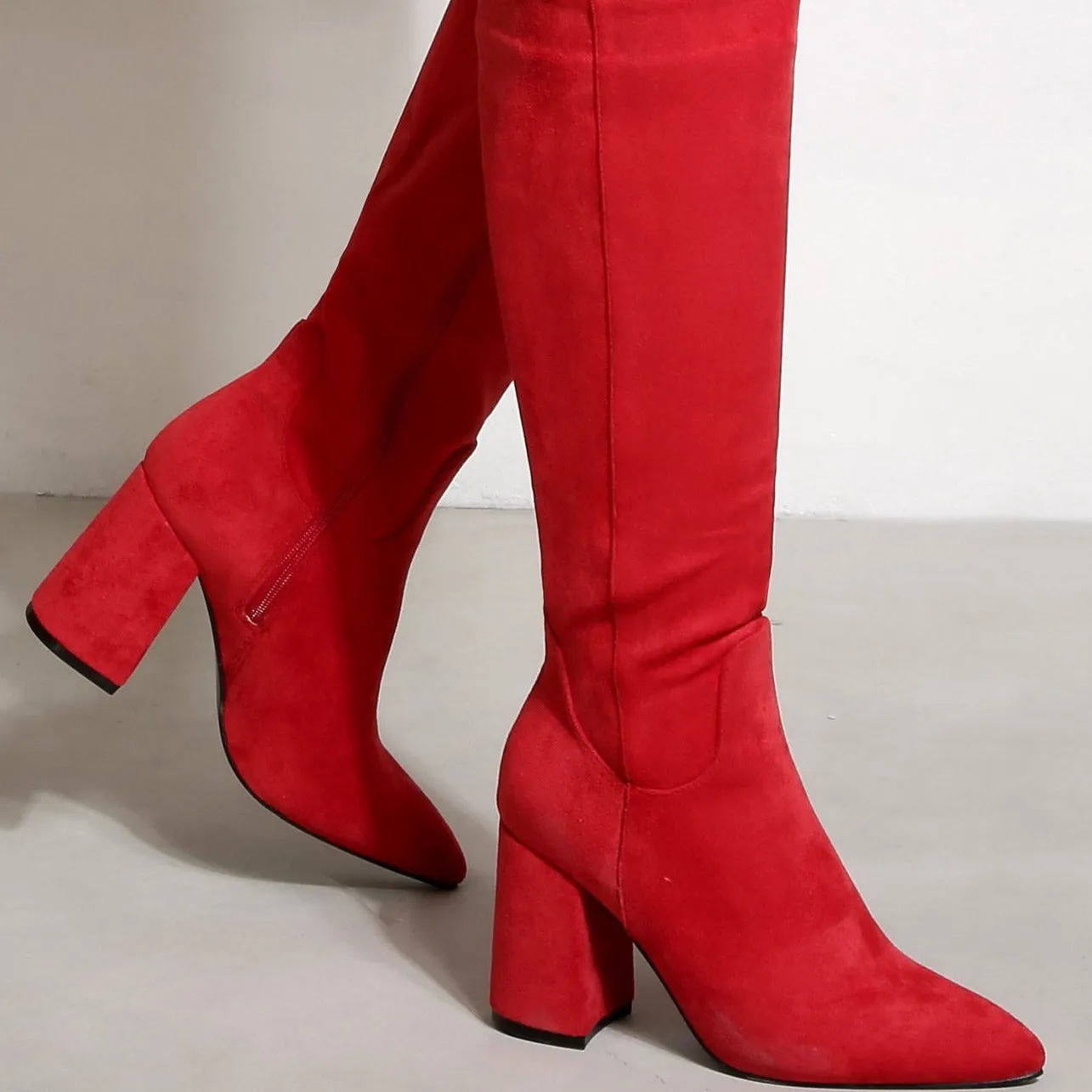 Chunky Heels Pointed Toes High Suede Boots