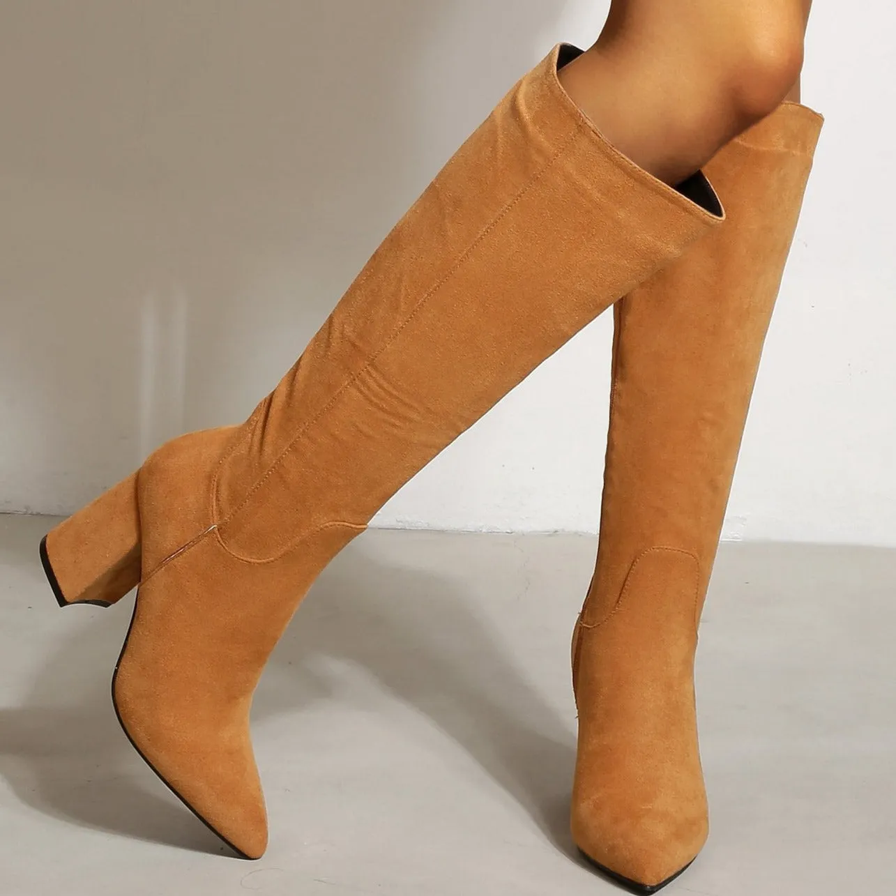 Chunky Heels Pointed Toes High Suede Boots