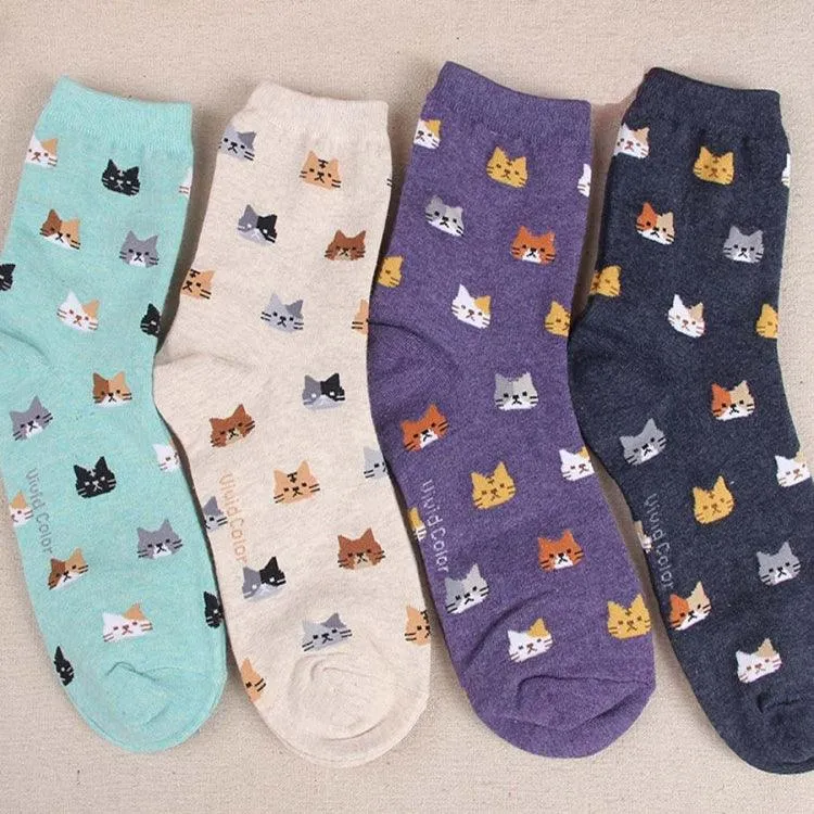 Cute Cartoon Cat Cotton Socks for Women - Cozy & Fun Winter Footwear