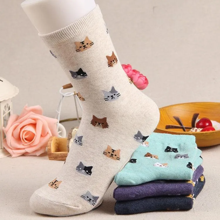 Cute Cartoon Cat Cotton Socks for Women - Cozy & Fun Winter Footwear