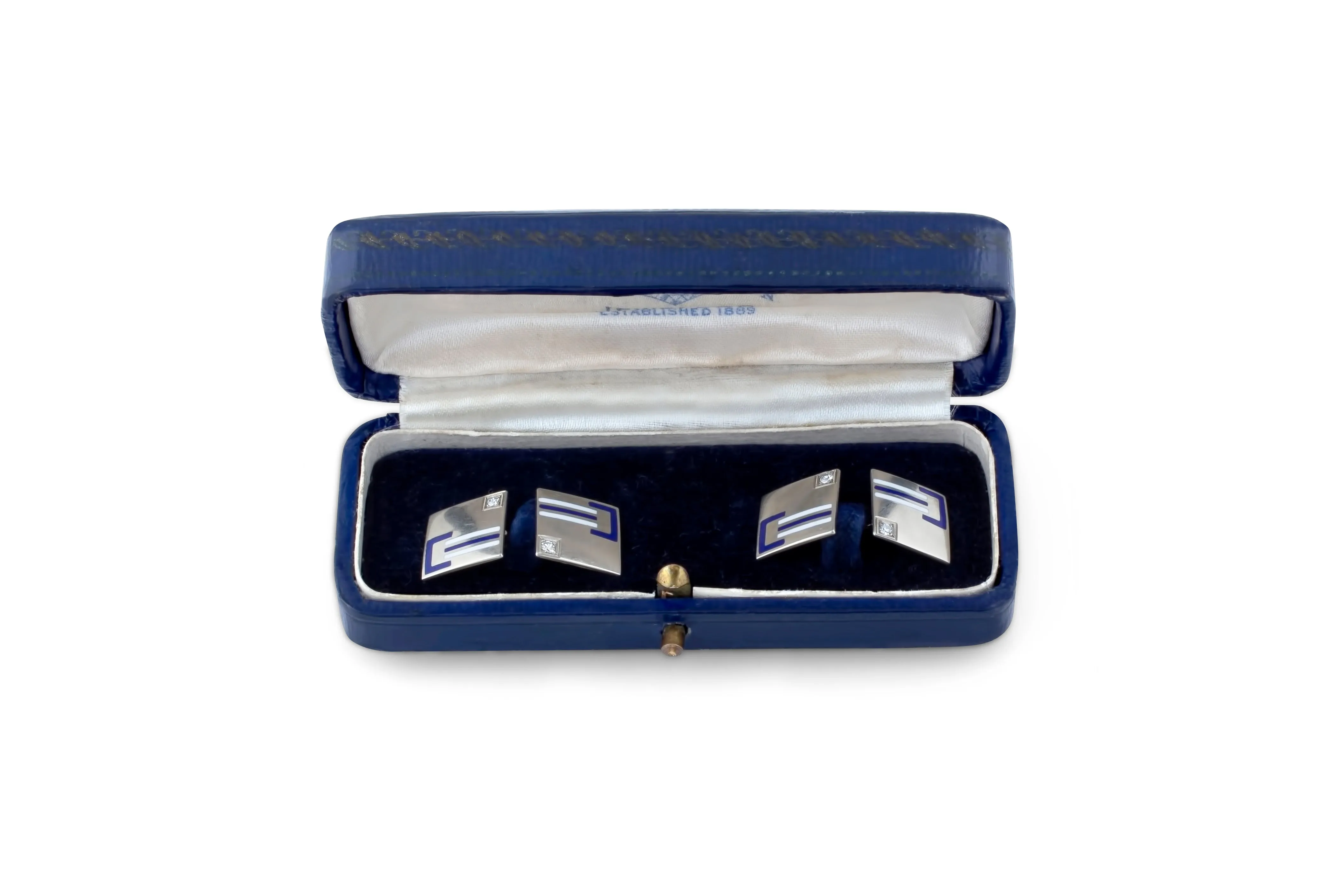 Diamond, Enamel 14K White Gold Deco Cufflinks