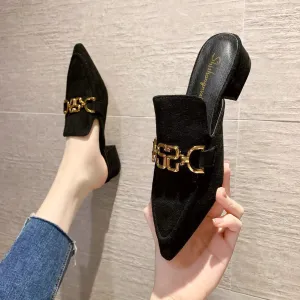 Finn Chain Pointed Toe Mule Shoes Closed-Toe Slippers Female Spring/Summer Pointed-Toe Mules Shoes