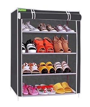 FLIPZON Multipurpose 4-Tiers Shoe Rack with Dustproof Zip Cover, Multiuse Wide Space Storage Rack made by Non Woven Fabric for footwear, Toys, clothes (4 Shelves) (Black), Plastic Non Woven