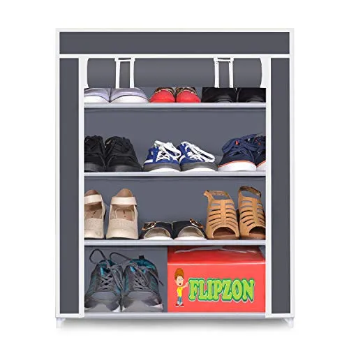 FLIPZON Multipurpose 4-Tiers Shoe Rack with Dustproof Zip Cover, Multiuse Wide Space Storage Rack made by Non Woven Fabric for footwear, Toys, clothes (4 Shelves) (Black), Plastic Non Woven