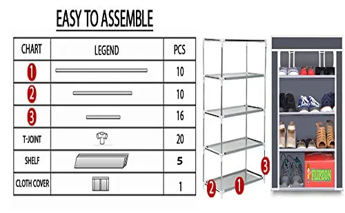 FLIPZON Multipurpose 4-Tiers Shoe Rack with Dustproof Zip Cover, Multiuse Wide Space Storage Rack made by Non Woven Fabric for footwear, Toys, clothes (4 Shelves) (Black), Plastic Non Woven