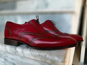 Handmade burgundy oxford wing tip leather shoes , Brogue dress shoes