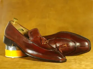 Handmade Cognac Split Toe Tussle Leather Shoes Men's Dress Shoes