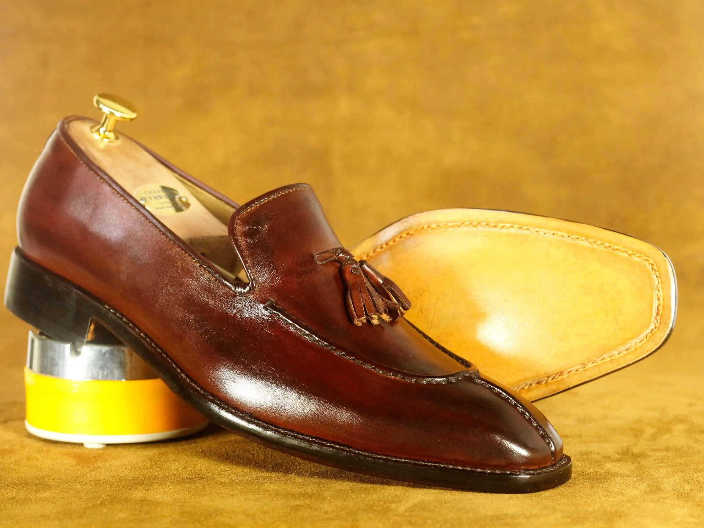 Handmade Cognac Split Toe Tussle Leather Shoes Men's Dress Shoes