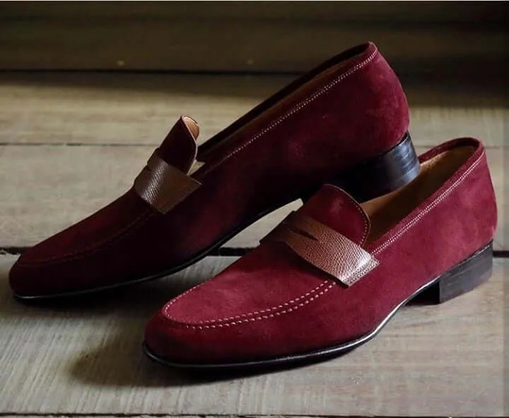 Handmade Maroon Color Suede Penny Loafer Slipper Dress Men's Fashion Moccasin Shoes