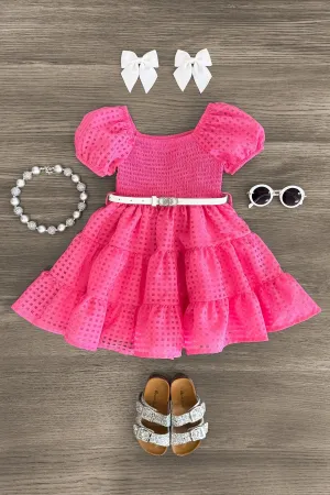 Hot Pink Smocked Puff Sleeve Dress