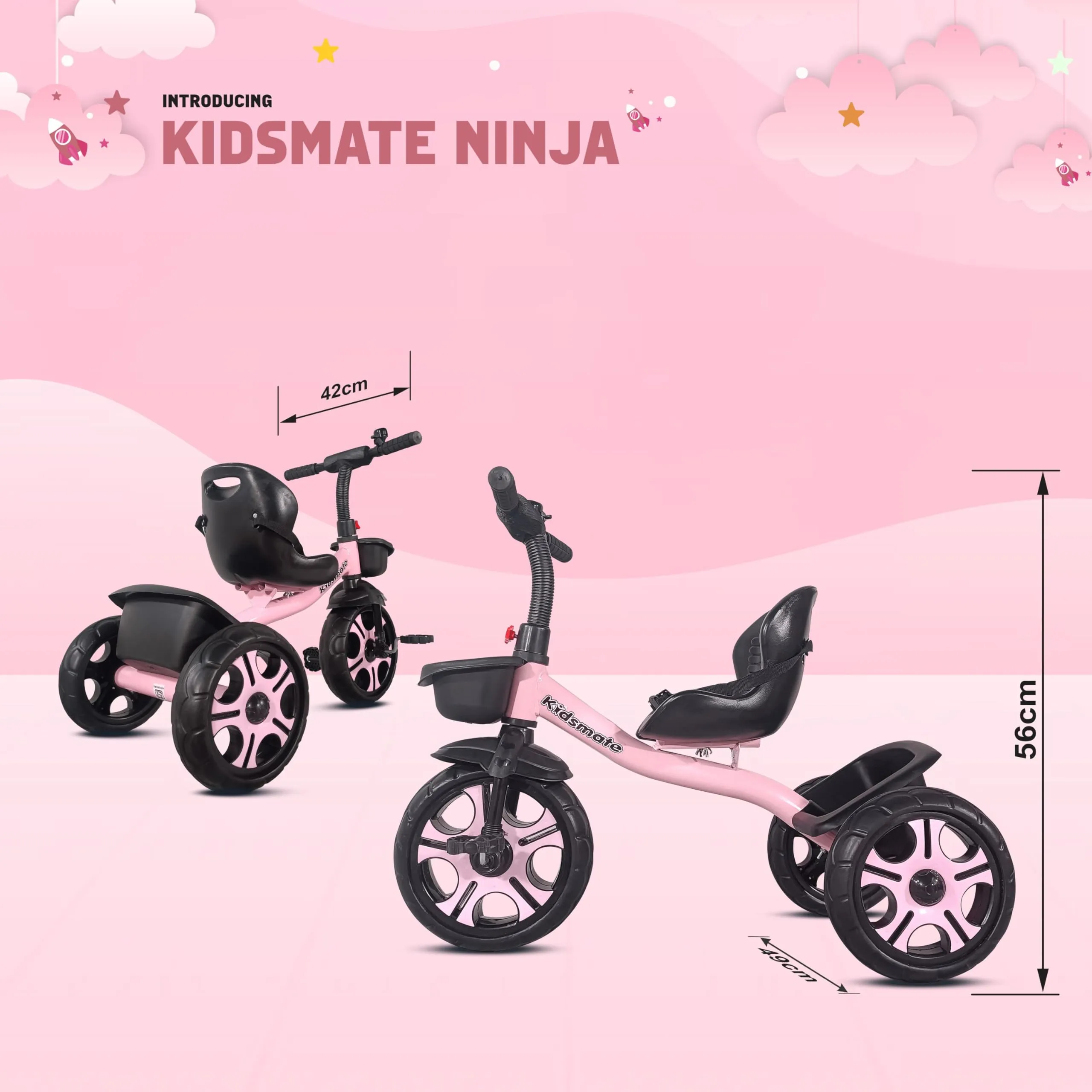 Kidsmate Ninja Plug N Play Durable Kids/Baby Tricycle, Safe & Secure, Storage Basket, Cushion Seat and Seat Belt for 12 Months to 48 Months Boys/Girls/Carrying Capacity Upto 30 Kgs (Pink)