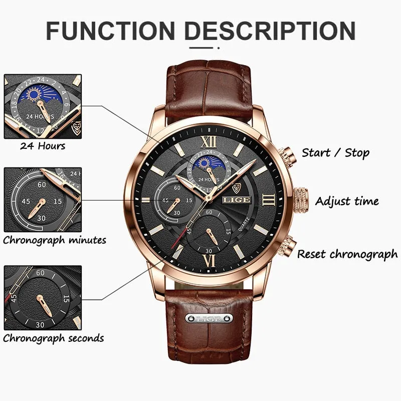 LIGE Men&#39;s Watches Top Brand Luxury Men Wrist Watch Leather Quartz Watch Sports Waterproof Male Clock Relogio Masculino Box