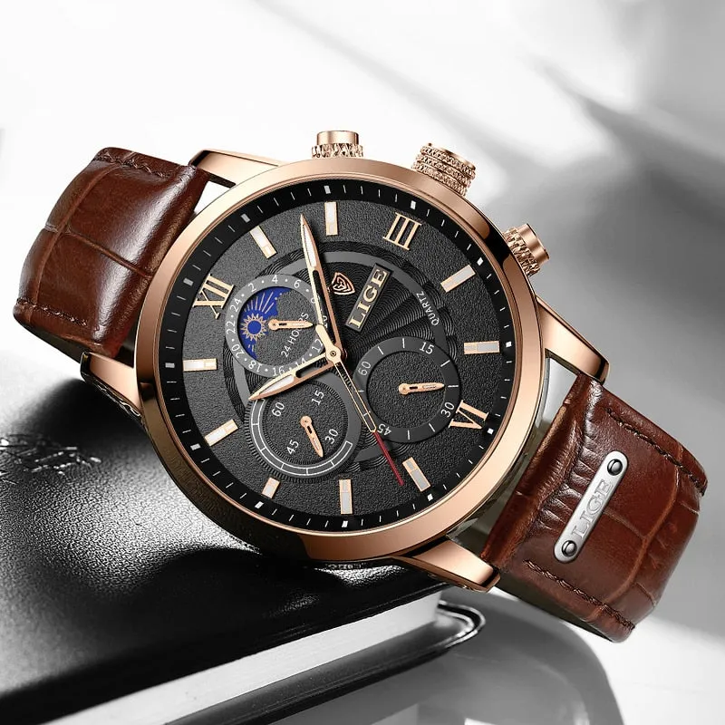 LIGE Men&#39;s Watches Top Brand Luxury Men Wrist Watch Leather Quartz Watch Sports Waterproof Male Clock Relogio Masculino Box