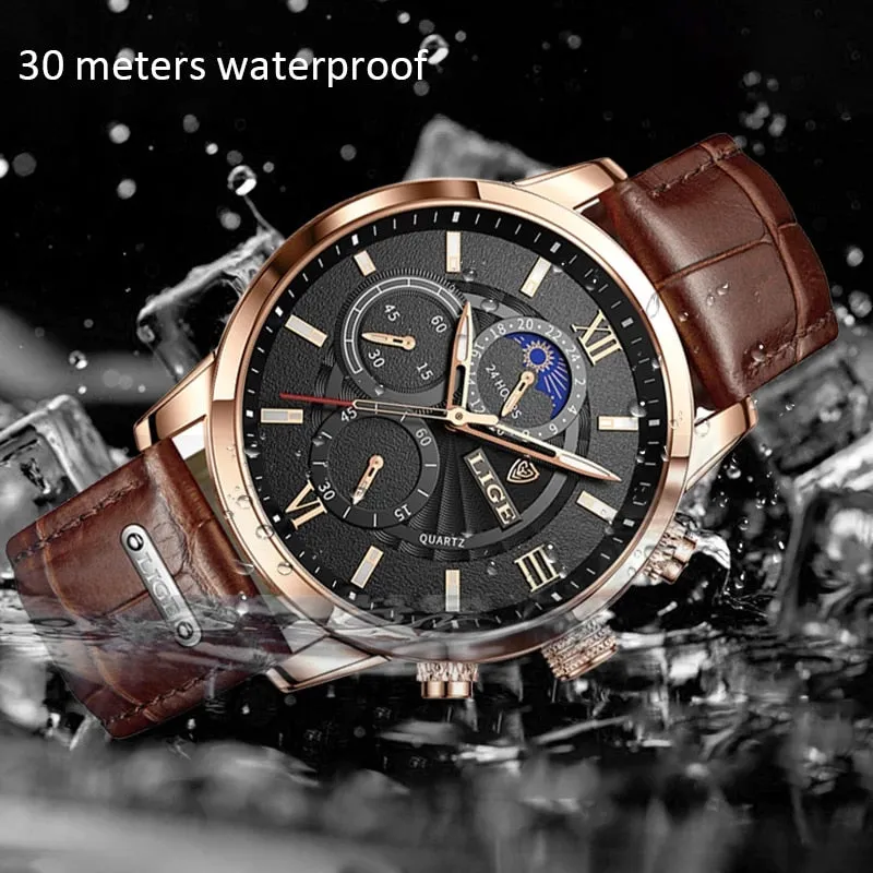 LIGE Men&#39;s Watches Top Brand Luxury Men Wrist Watch Leather Quartz Watch Sports Waterproof Male Clock Relogio Masculino Box