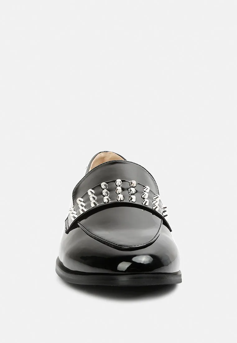 MEANBABE Semicasual Stud Detail Patent Loafers in Black