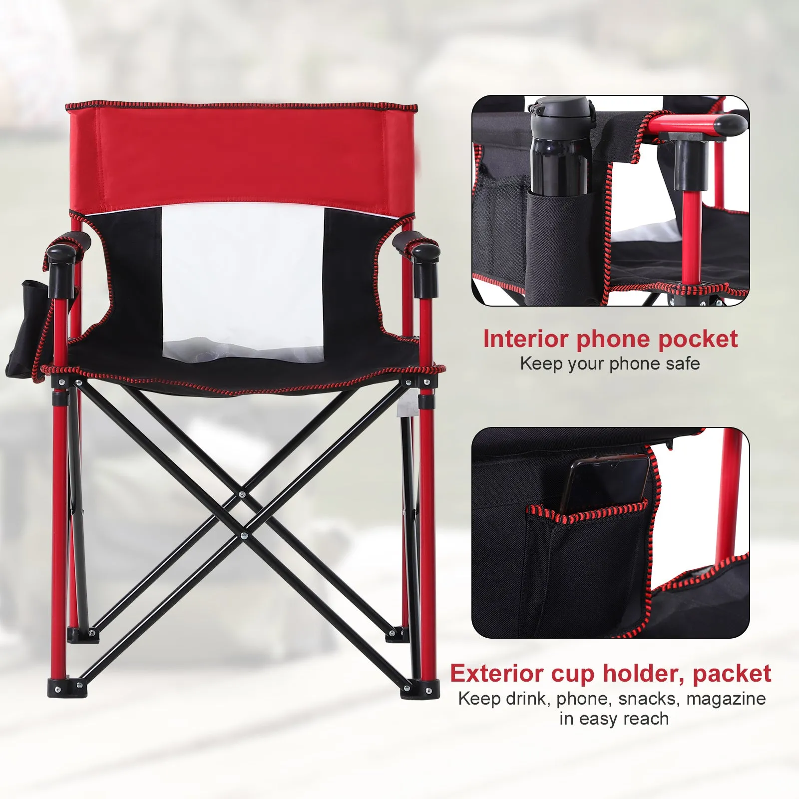 Metal Frame Sponge Padded Folding Camping Chair w/ Pockets Red