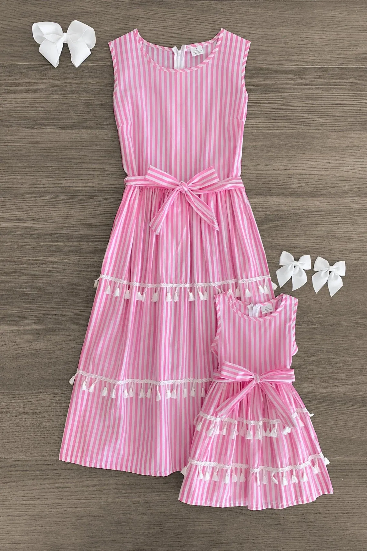 Mom & Me - Pink & White Stripe Tassel Dress