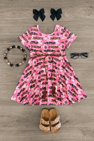 Pink Leopard Pencil Braided Belt Dress