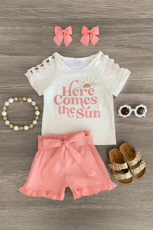 "Here Comes The Sun" Cream & Coral Short Set