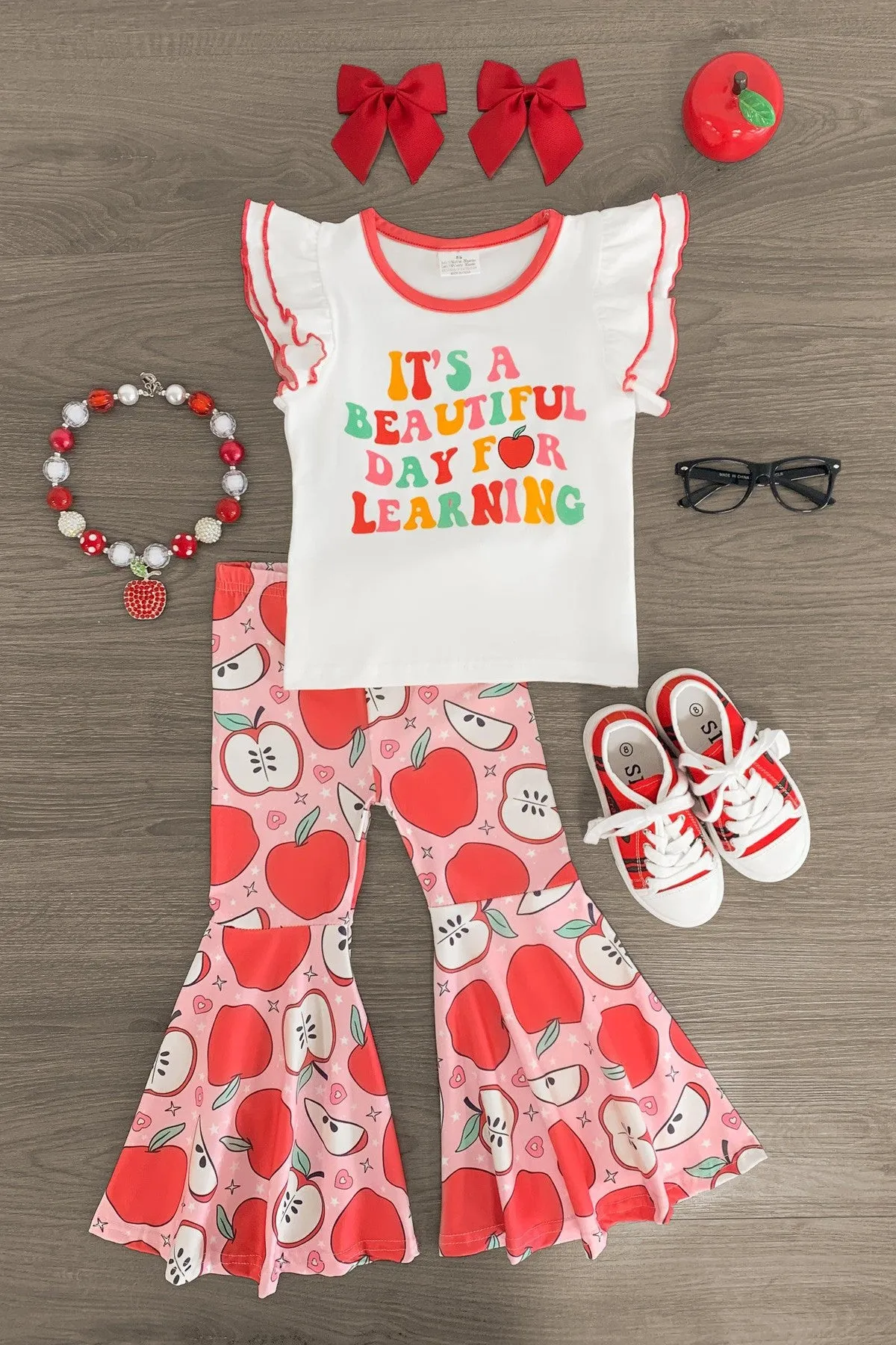 "It's A Beautiful Day For Learning" Pink Apple Bell Bottom Set