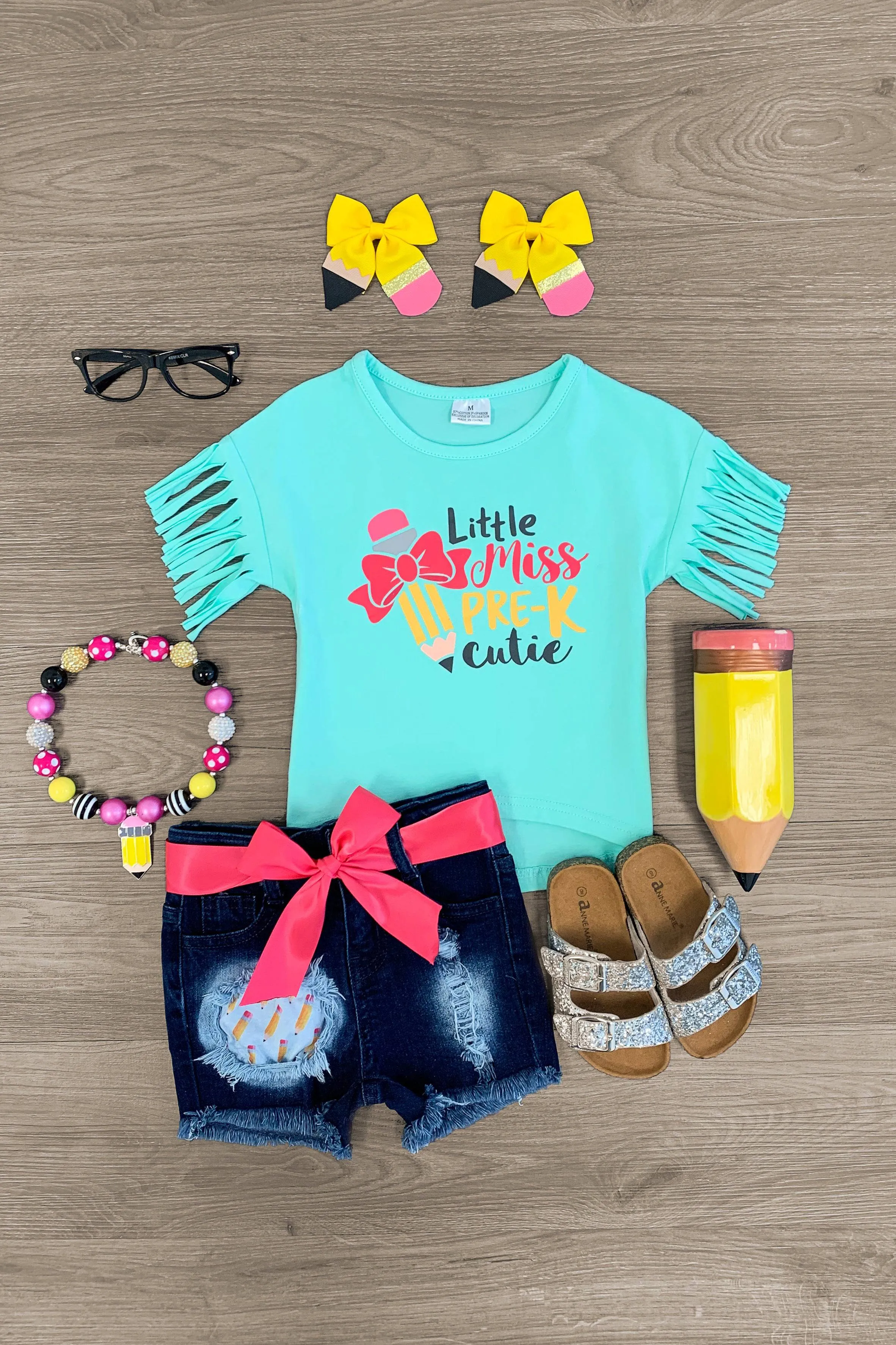 "Little Miss Pre-K Cutie" Distressed Denim Short Set