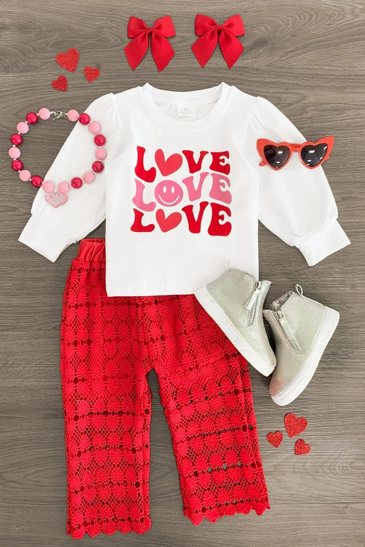 "Love" Red Heart Lace Pant Set