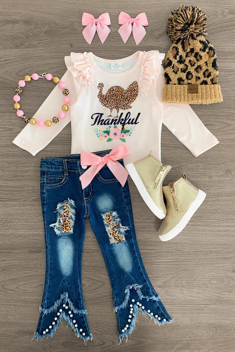 "Thankful" Light Pink Turkey Pearl Denim Set