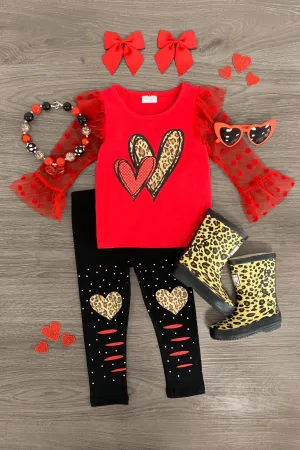 Red & Black Cheetah Heart Legging Set