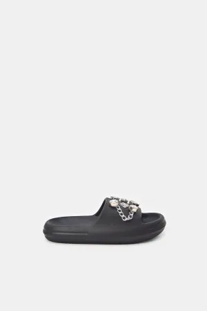 Senior Girls Black Chunky Slides