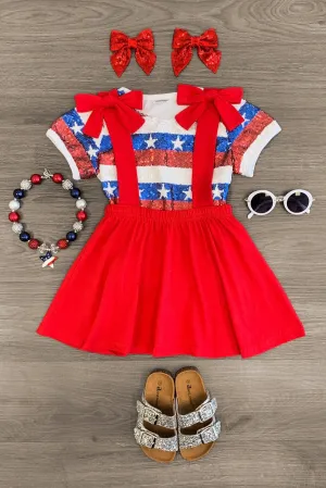 Sequin Stars & Stripes Suspender Skirt Set