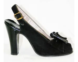 Size 5.5 1930s Black Suede Peep Toe Shoe with Bows - Glam Authentic 30s 40s High Heel - Hollywood Starlet Style NOS Deadstock - Unworn 5 1/2