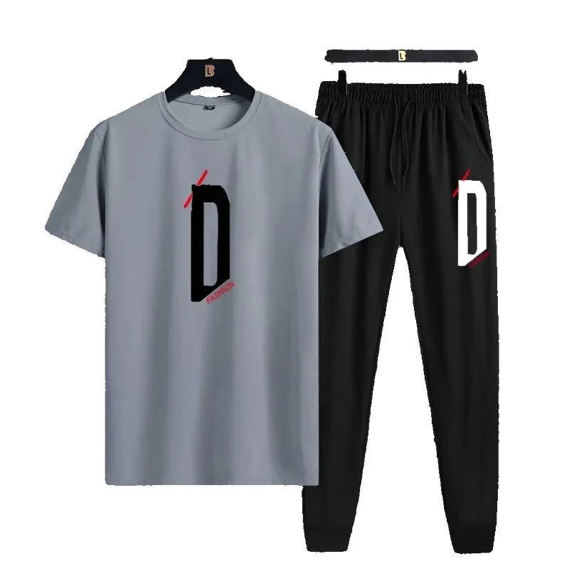 Summer sports and leisure set short sleeved T-shirt trendy slim fit two-piece set