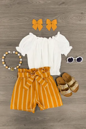 White & Mustard Striped Tie Short Set