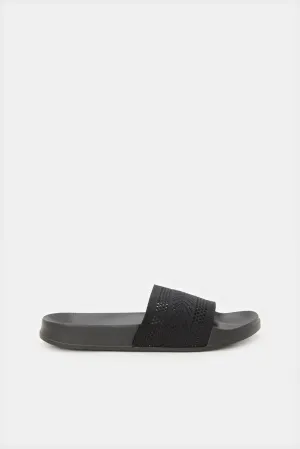 Women Black Embossed Slide