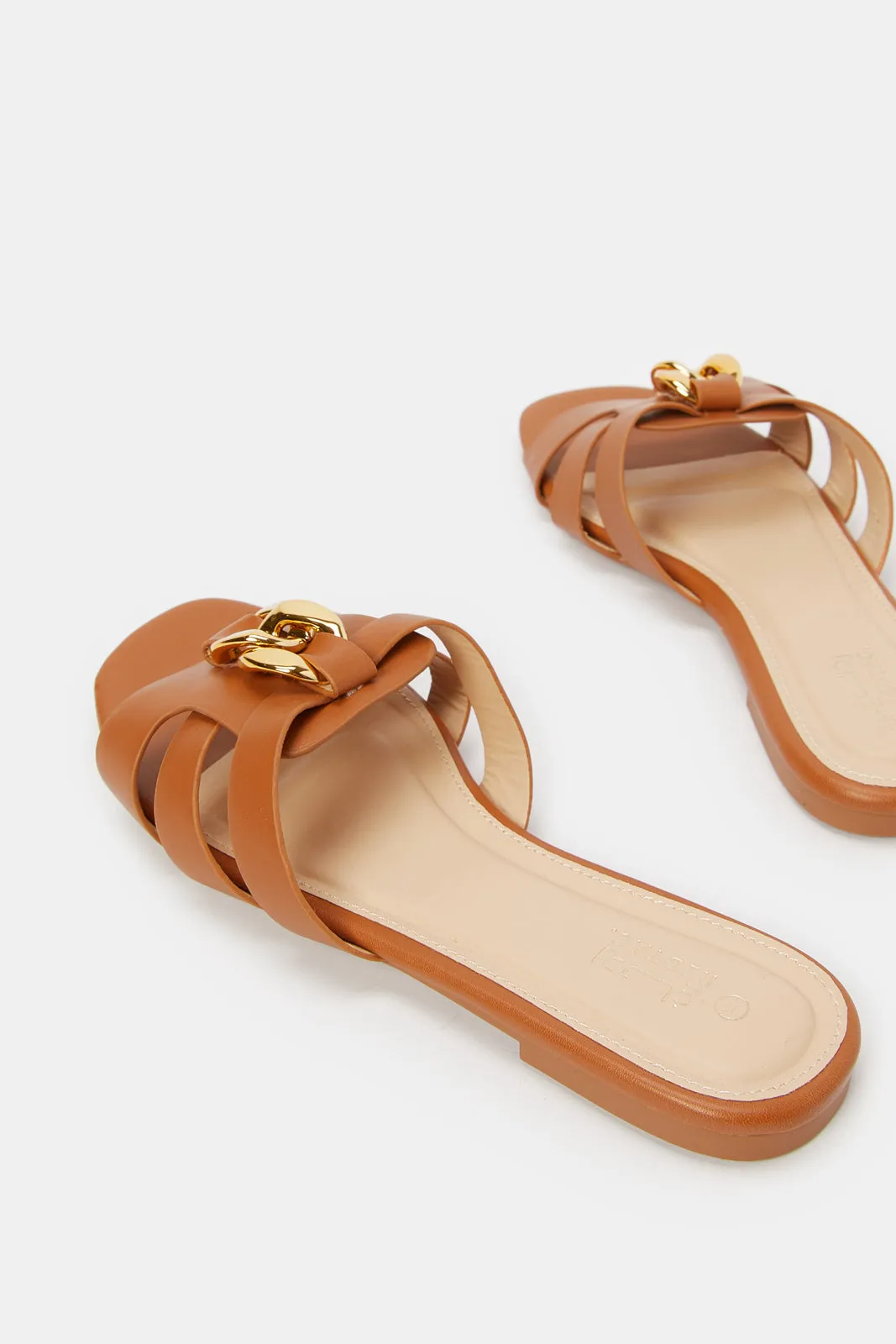 Women Tan Embellished Chain Trim Mule