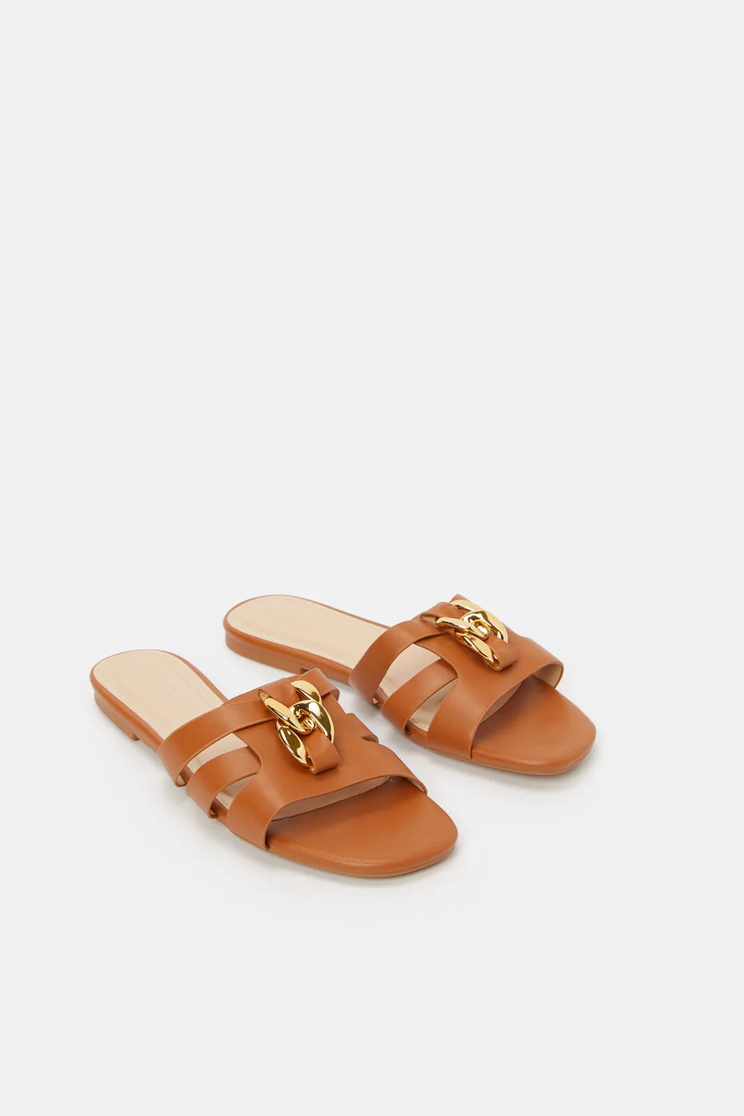 Women Tan Embellished Chain Trim Mule