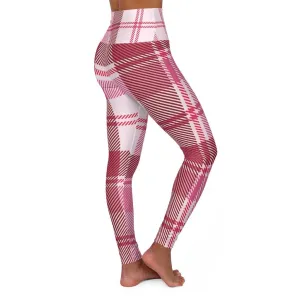 Womens Leggings, Pink And White Plaid Style High Waisted Fitness Pants